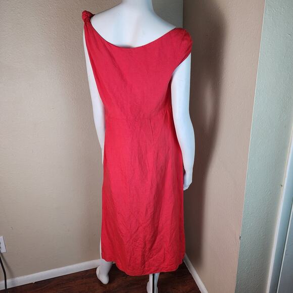 by Anthropologie Red Linen Blend Midi Length Dress Asymmetrical Neckline, S - Picture 5 of 8